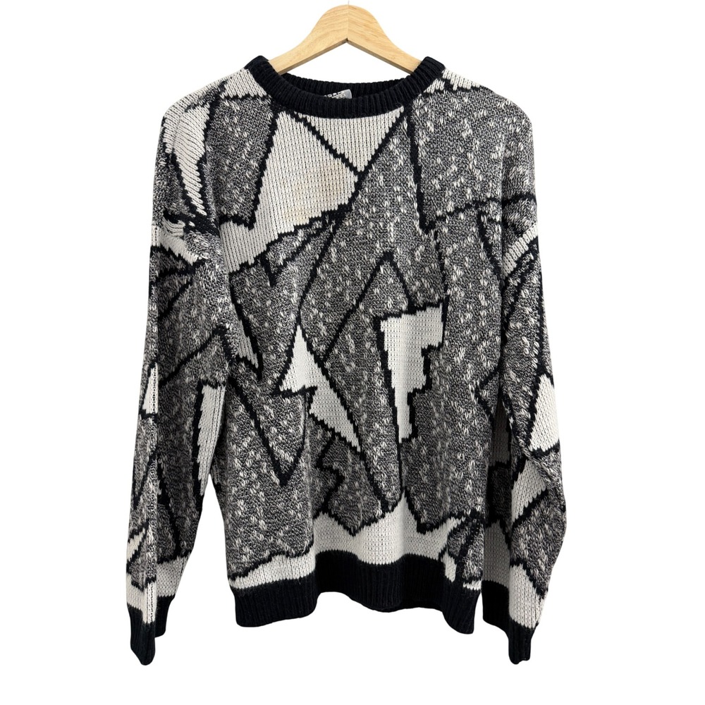 Vintage Adele Knitwear Abstract Geometric Sweater‎ Black White Grey USA S/M